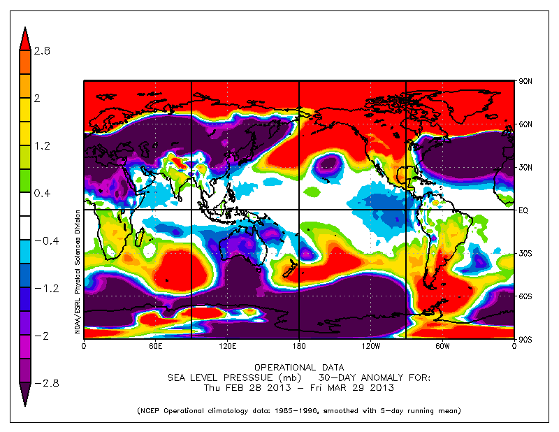 Anomalía media de presión a nivel de la superficie para el periodo 28.02.13 a 29.03.13. Crédito: NOAA/ESRL.