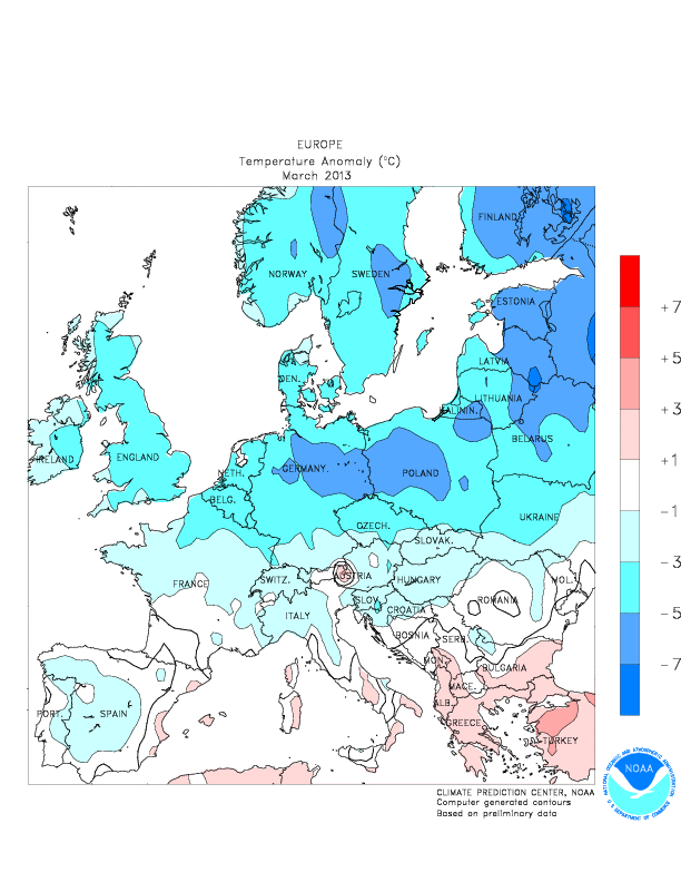 Anomalía de temperatura media en Europa, marzo de 2013. Crédito: NOAA/CPC.
