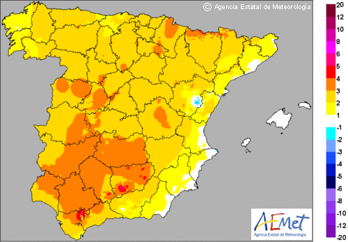 Variación de las temperaturas máximas para el sábado en la Península y Baleares.