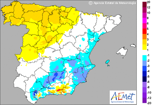 Variación de las temperaturas mínimas para el sábado en la Península y Baleares.