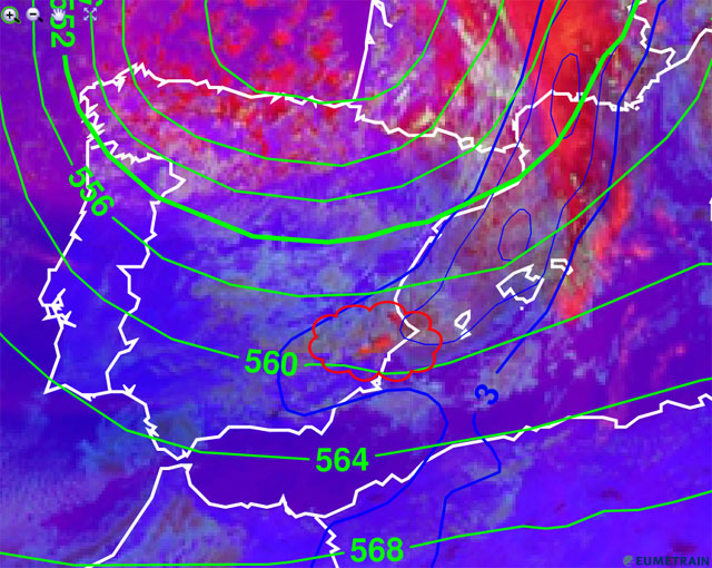 Análisis atmosférico del entorno sinóptico, 27.04.13, 12 UTC. Crédito: eumetrain.
