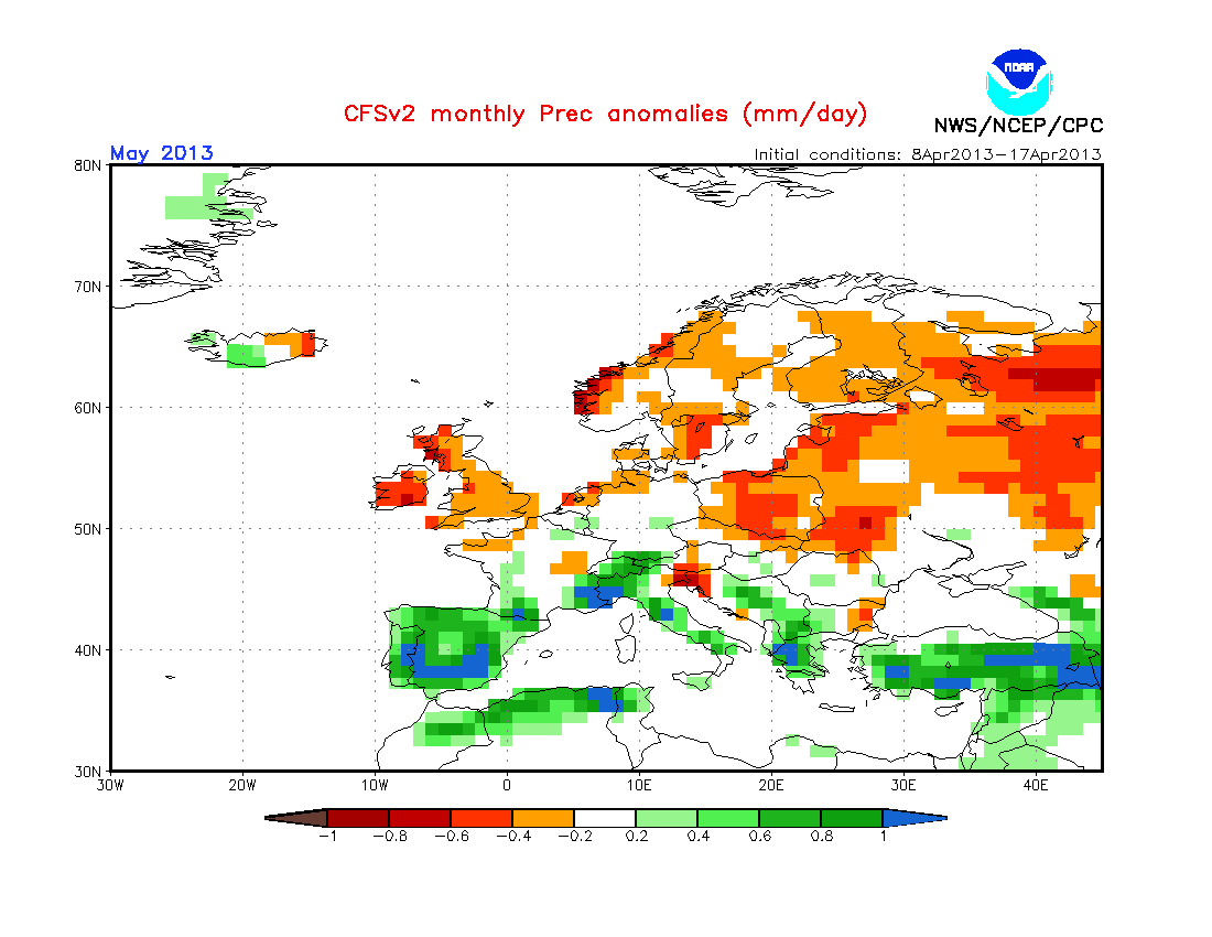 Anomalías de precipitación (mm/día) previstas para el mes de mayo.