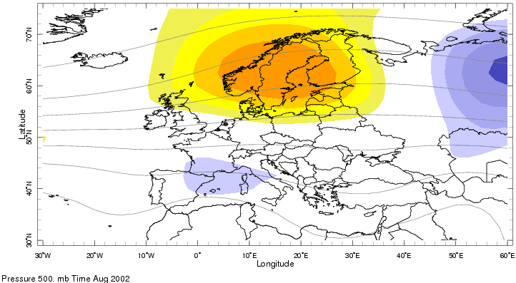 Anomalía de altura geopotencial de 500 hPa. Agosto de 2002. Crédito: IRI.