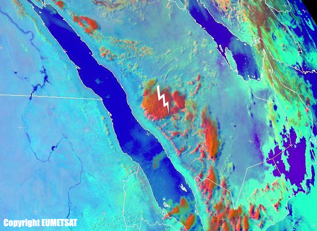 Imagen en realce RGB de Microfísica Diurna, tormentas en el suroeste de la Península Arábiga. 02.05.13, 14 UTC.