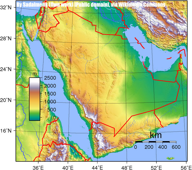 Mapa topográfico de la Península Arábiga.