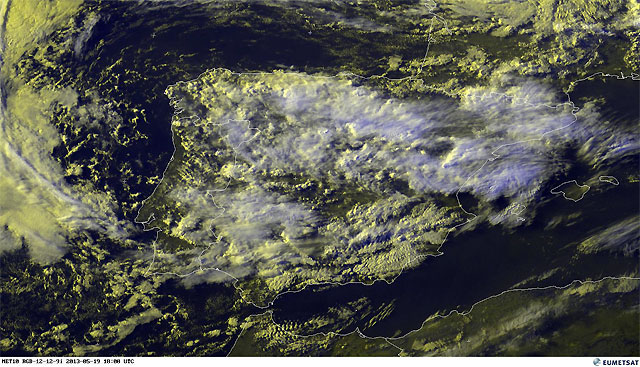 Imagen visible y realce en RGB (alta resolución). Satélite Meteosat-10, 19.05.13, 18 UTC.