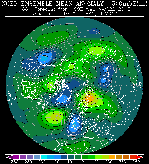 Anomalía de altura geopotencial de 500 hPa. Ensemble NCEP, previsión 29.05.13, 00 UTC. Crédito: NOAA.