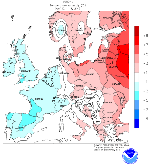 Anomalía de temperatura media del 12 al 18 de mayo. Crédito: CPC / NOAA.