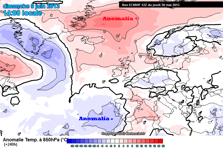Anomalías de temperatura a 850 hPa. Modelo ECMWF. Previsión 09.06.13, 12 UTC. Crédito: Meteociel.