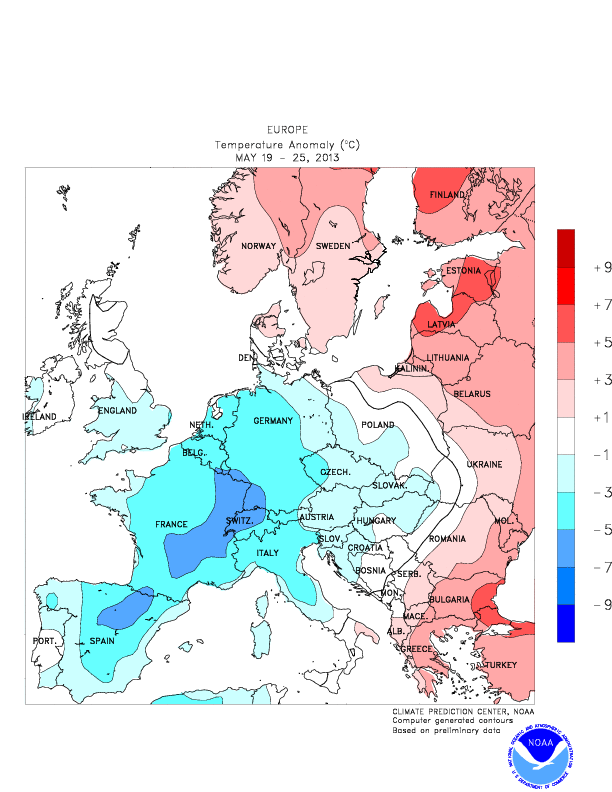 Anomalía de temperatura media en mayo, del 19 al 25. Crédito: CPC/NOAA.