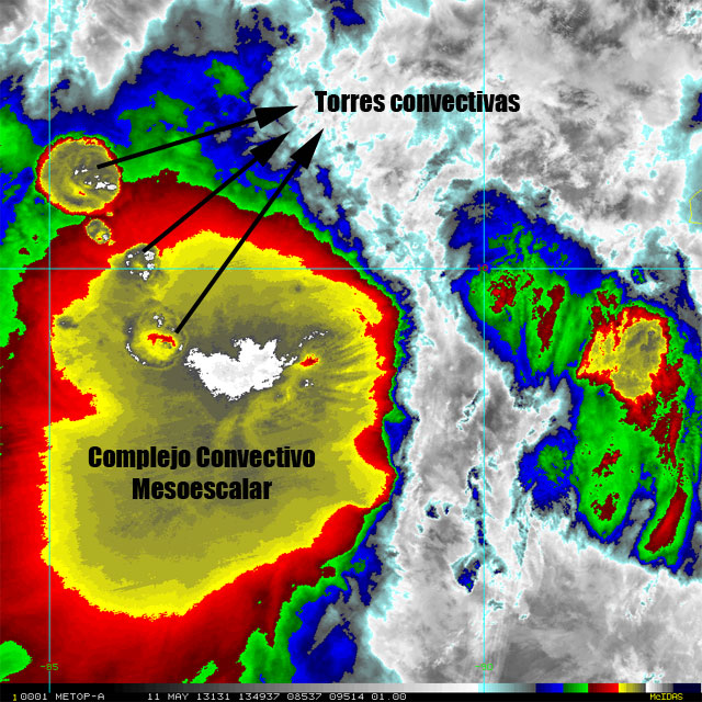 Imagen infrarroja de MAHASEN. Satélite MetOp-A, 11.05.13, 13:49 UTC. Crédito: RAMMB/CIRA.