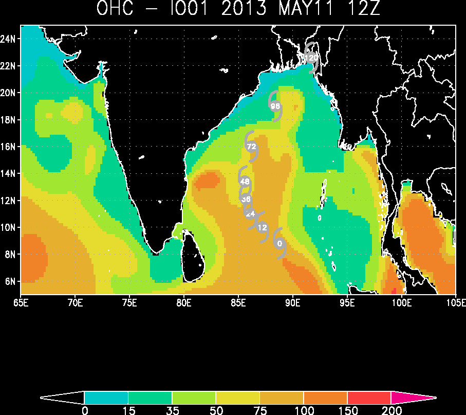 Ocean Heat Content, Contenido de Calor Oceánico, 11.05.13, 12 UTC. Crédito: RAMMB/CIRA.