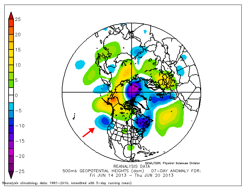 Anomalía de altura geopotencial de 500 hPa entre el 14 y el 20 de junio. Crédito: NOAA/ESRL.