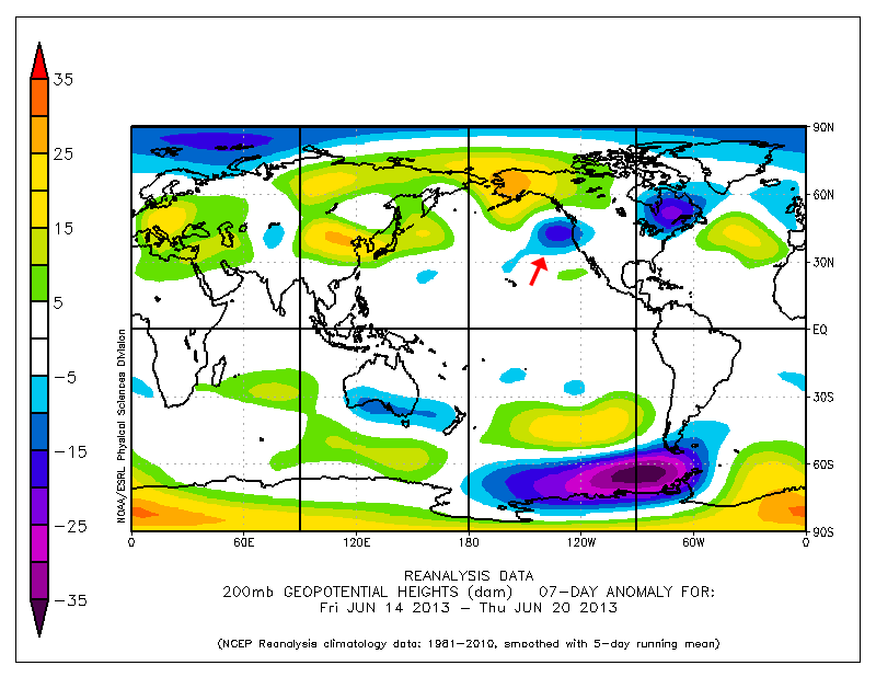 Anomalía de altura geopotenial de 200 hPa entre el 14 y 20 de junio. Crédito: NOAA/ESRL.