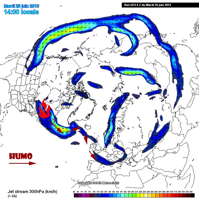Localización e intensidad de las corrientes en chorro, 25.06.13, 12 UTC.