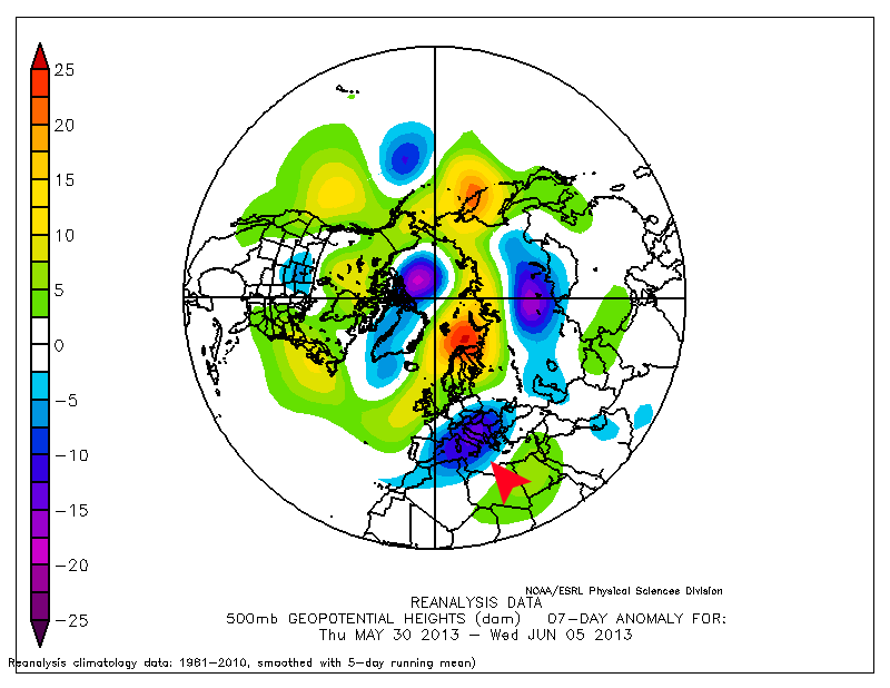 Anomalías de altura geopotencial de 500 hPa en el Hemisferio Norte, últimos 7 días. Crédito: NOAA / ESRL.