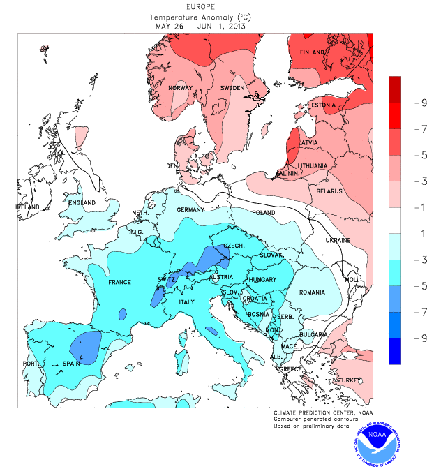 Anomalías de temperatura superficial entre el 26.05.13 y el 01.06.13. Crédito: NOAA / CPC.