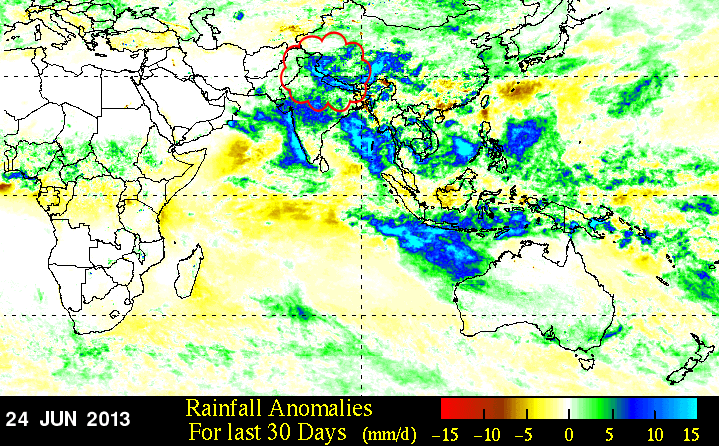 Anomalía de precipitación en los úlimos 30 días, basado en TRMM.