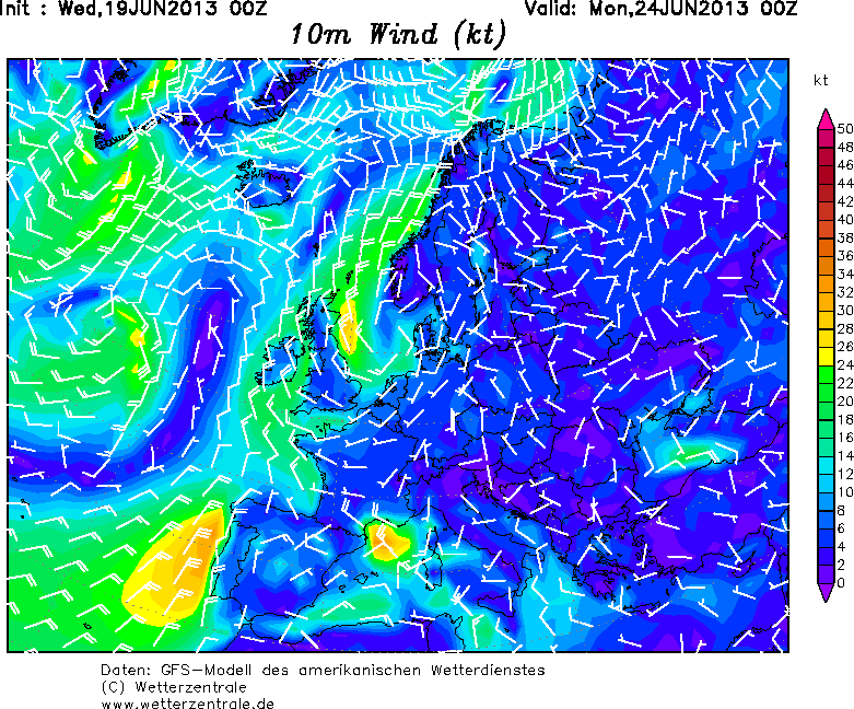 Viento a 10 m. Previsión: 24.06.13, 00 UTC. Modelo GFS.