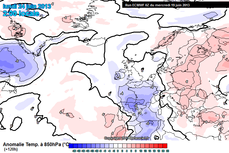 Anomalías de temperatura a 850 hPa. Modelo ECMWF. Previsión: 24.06.13, 00 UTC.