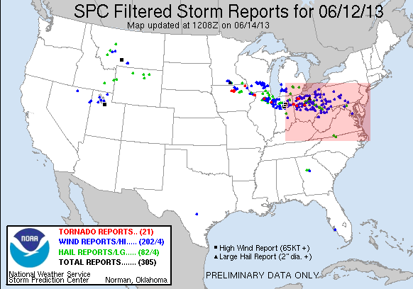 Reportes Filtrados de Fenómenos Severos asociados a las tormentas del 12.06.13. Crédito: SPC.