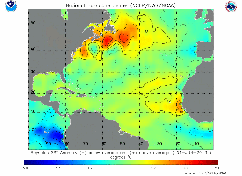 Anomalías de SST en el Atlántico Norte, 01.06.13.
