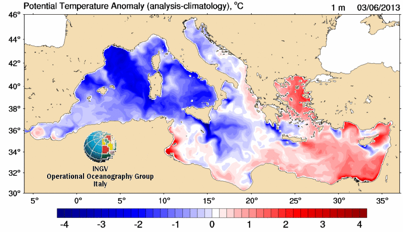 Anomalías de SST en el Mediterráneo, a 1 m. de profundidad, 03.06.13.
