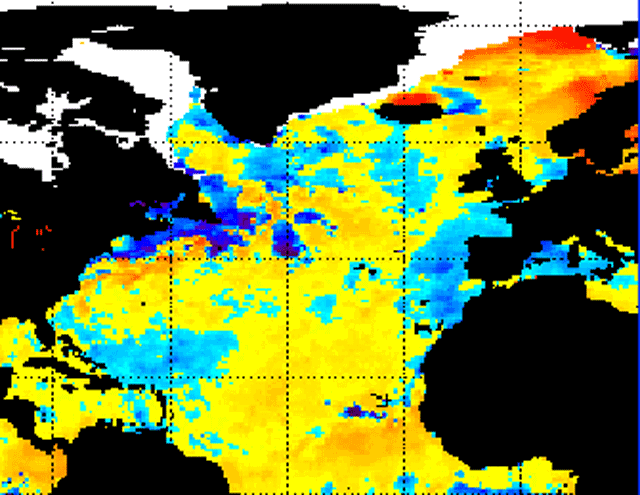 Anomalías de SST entre el Atlántico Norte y el Mediterráneo, 06.06.13. Crédito: NOAA.