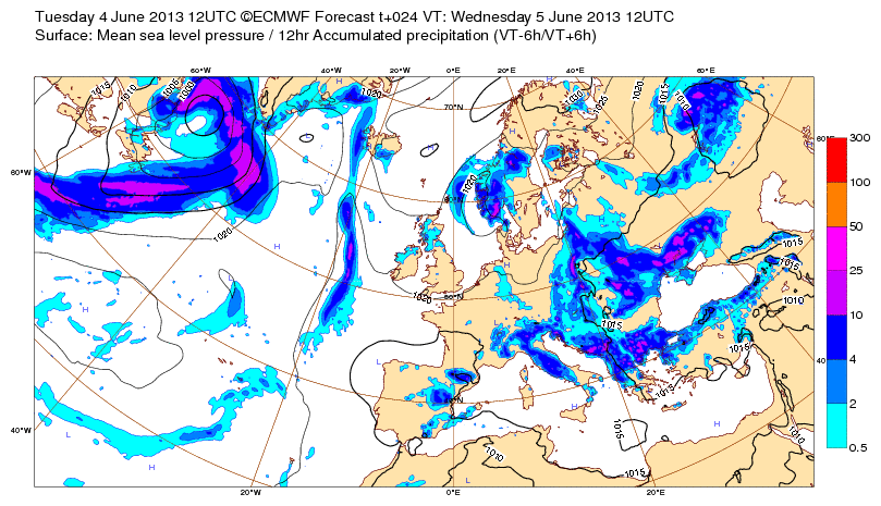 Precipitación acumulada en las 12 horas anteriores al 05.06.13, 12 UTC. Modelo ECMWF.
