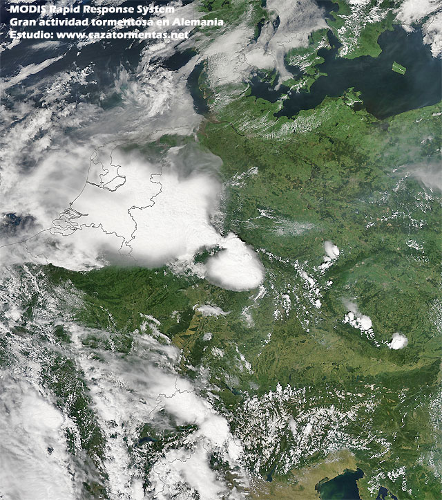 Imagen visible de alta resolución, tormentas en Alemania. Satélite AQUA (sensor MODIS), 20.06.13.