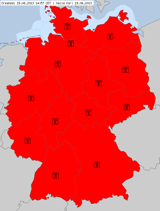 Alemania con aviso rojo por temperaturas máximas, 19.06.13. Crédito: Meteoalarm.