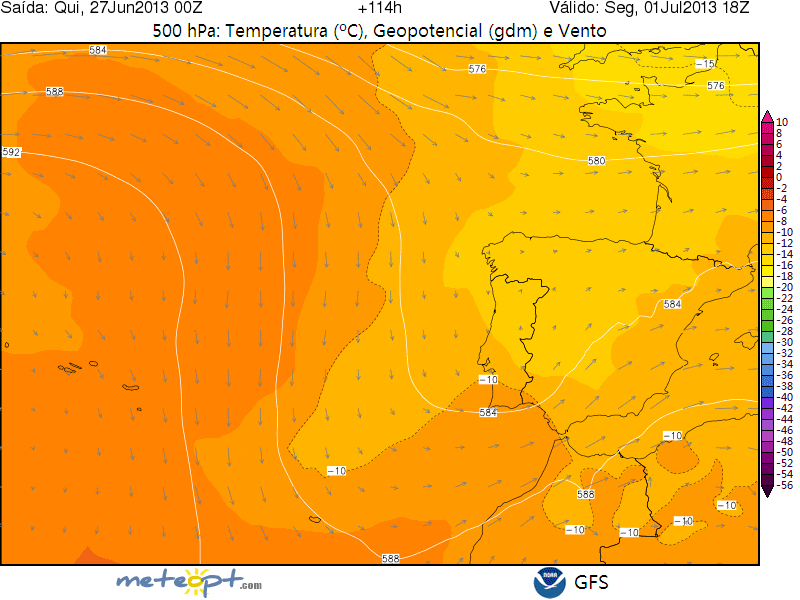 500 hPa: temperatura (colores sólidos), altura geopotencial (trazo blanco) y viento (vectores), 01.07.13, 18 UTC. Modelo GFS.