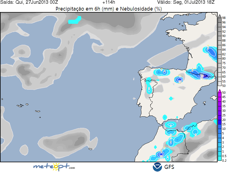 Precipitacion acumulada en 6 horas, 01.07.13, 18 UTC. Modelo GFS.