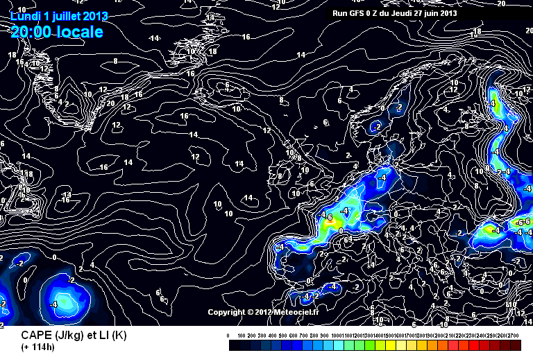 CAPE y LI, previsión para el 01.07.13, 18 UTC. Modelo GFS.