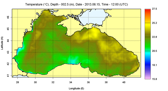 Temperatura del agua a 2,5 m. de profundidad en el Mar Negro. 15.06.13, 12 UTC. Crédito: Black Sea Marine Forecasting Centre.