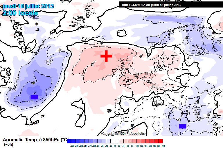 Anomalías de temperatura a 850 hPa. Modelo ECMWF. Análisis: 18.07.13, 00 UTC. Crédito: Meteociel.
