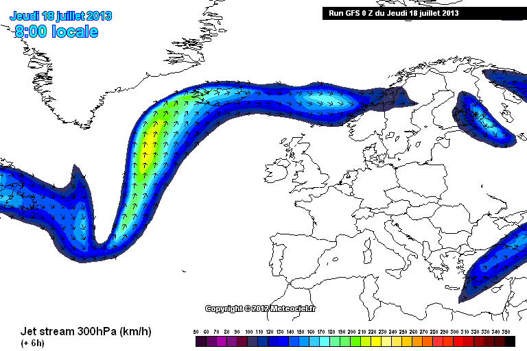 Localización e intensidad de las corrientes en chorro. Modelo ECMWF. Análisis: 18.07.13, 00 UTC. Crédito: Meteociel.