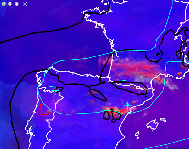 Análisis atmosférico del entorno sinóptico, 14.07.13, 12 UTC. Crédito: eumetrain.