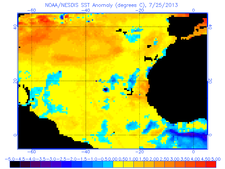 Anomalías de SST en el Atlántico Norte, 25.07.13. Crédito: NOAA/NESDIS.