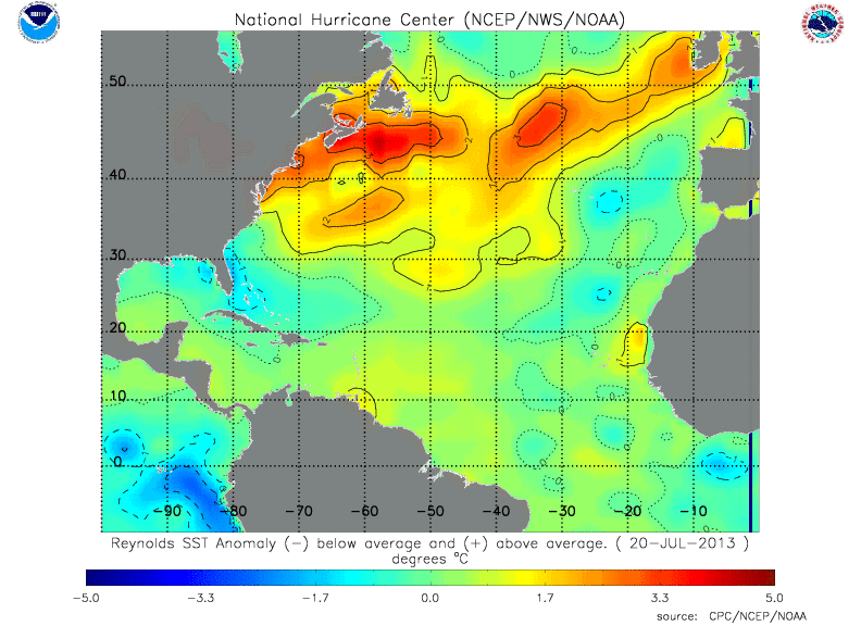 Anomalías de SST en el Atlántico Norte, 20.07.13. Crédito: CPC/NCEP/NOAA.