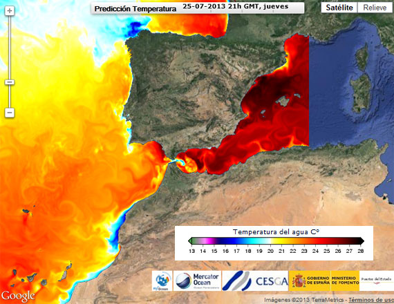 Temperatura de las Aguas Superficiales del Atlántico Norte Oriental y Mediterráneo Occidental, 25.07.13, 21 GMT.