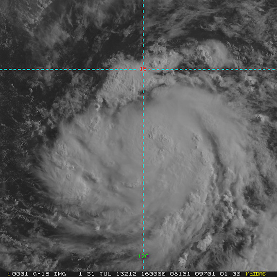 Imagen visible de la tormenta tropical GIL en el Pacífico Noreste, 31.07.13, 13:21 UTC. Crédito: RAMMB/CIRA.
