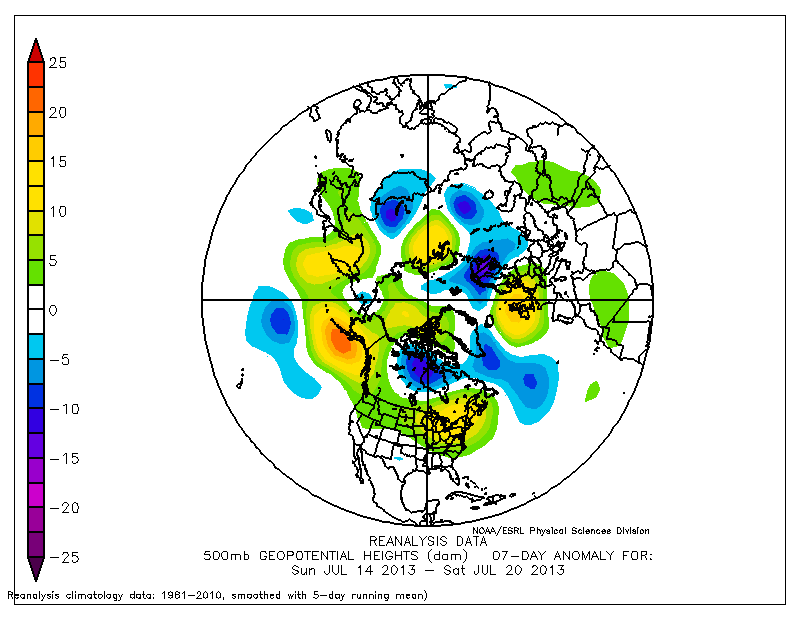 Anomalía de altura geopotencial de 500, 14 al 20 de julio. Crédito: NOAA/ESRL.
