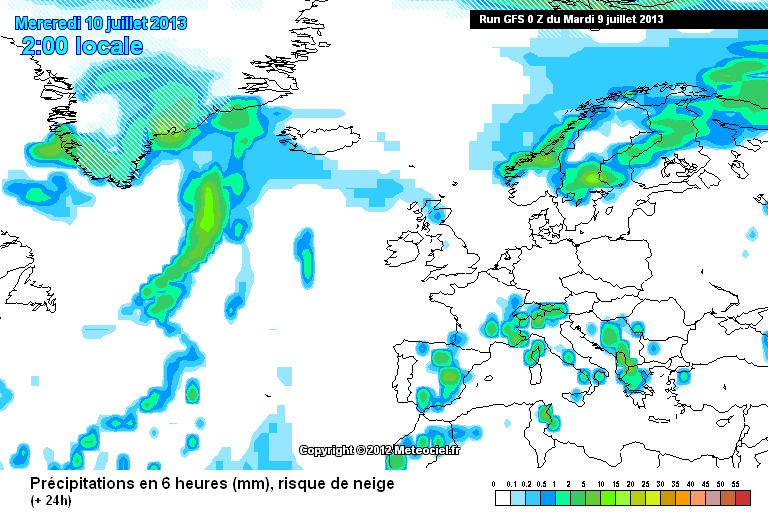 Precipitación acumulada en las 6 horas anteriores a las 00 UTC del 10.07.13. Modelo GFS.