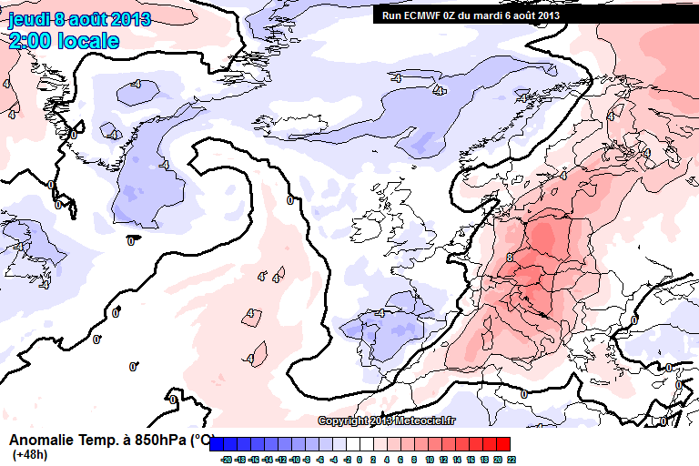 Anomalías de temperatura a 850 hPa, previstas para 08.08.13, 00 UTC. Modelo ECMWF.