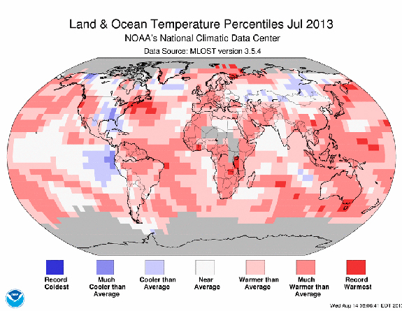 Informe climático de la Tierra. Julio de 2013, el sexto más cálido desde 1880. 341º mes por encima del promedio