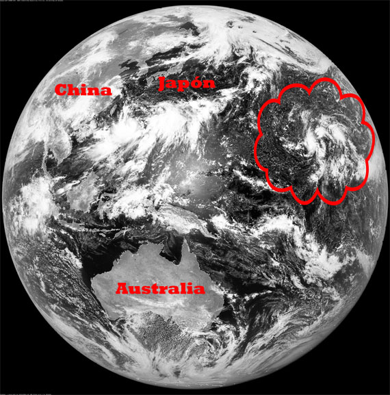 Imagen visible global, con la zona de interés, 19.08.13, 03 UTC. Crédito: Dundee Satellite Receiving Station.