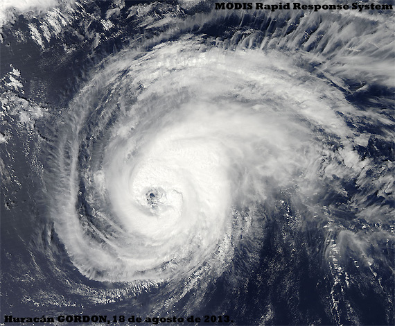 Imagen visible del huracán GORDON, 18 de agosto de 2013. Satélite AQUA (sensor MODIS).