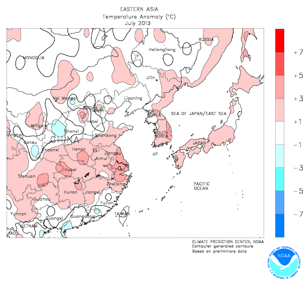 Anomalía de temperatura en el este de Asia para el mes de Julio. Crédito: CPC/NOAA.