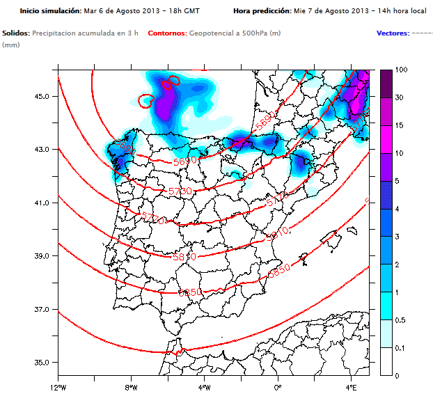 Geopotencial de 500 hPa y precipitación cada 3 horas. 07.08.13, 12 UTC a 08.08.13, 12 UTC. Modelo PROMES. Crédito: iMetCAM.